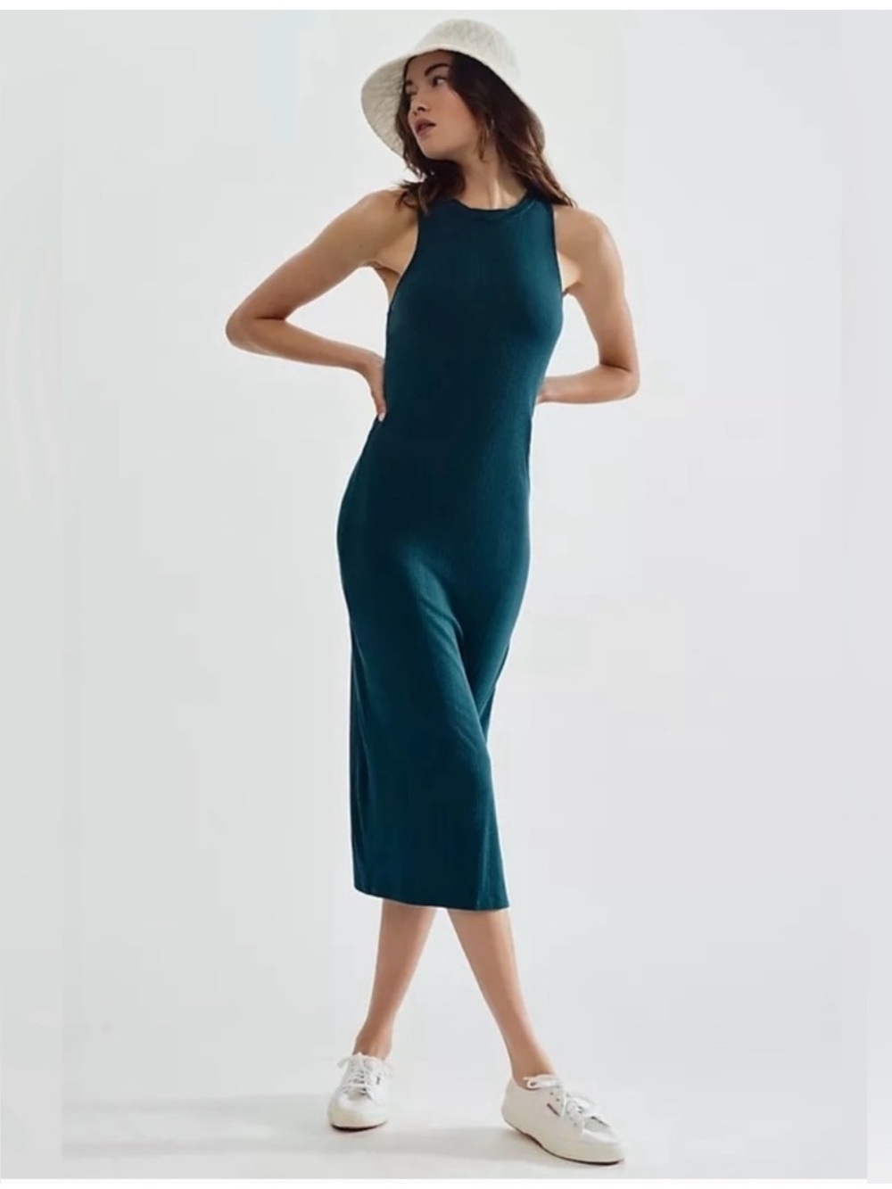 Anthropologie Daily Practice Slim Racer Dress Sleeveless Ribbed Teal Midi Dress